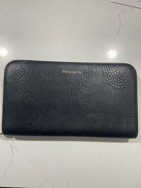 Tiffany & Co. Black Embossed Zip Wallet with Gold Logo